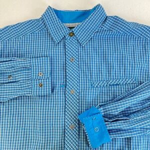 EXOFFICIO Long Sleeve Button Up Shirt Mens Blue Plaid Size Medium Outdoor Travel